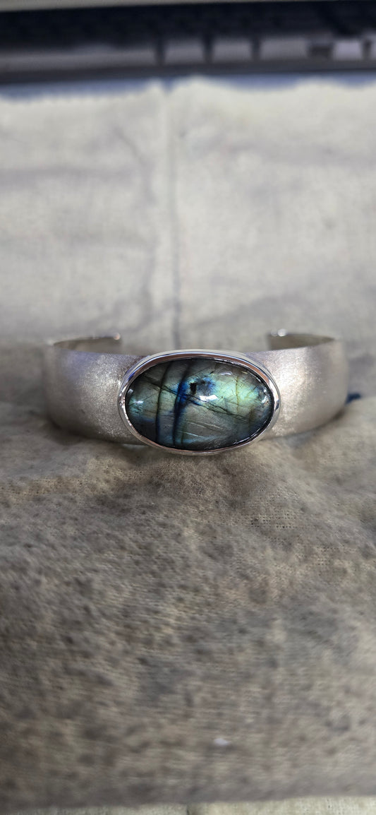 Large Sterling Silver Cuff Bracelet with Labradorite - 7.5 Inch Handcrafted Gemstone Cuff