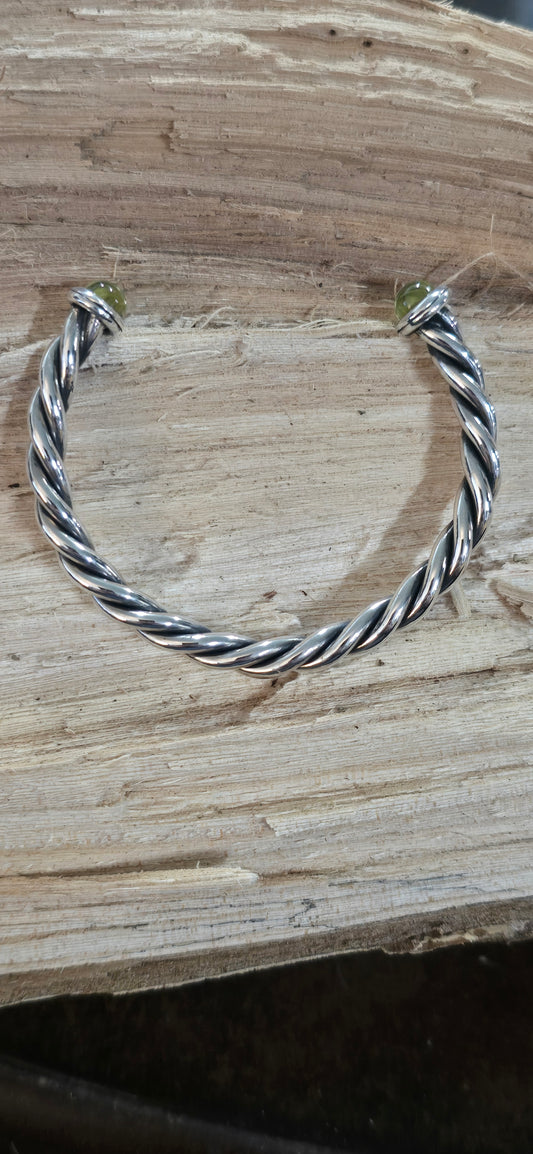 Oxidized Sterling Silver Twisted Cuff Bracelet with Peridot - Handcrafted Gemstone Bracelet