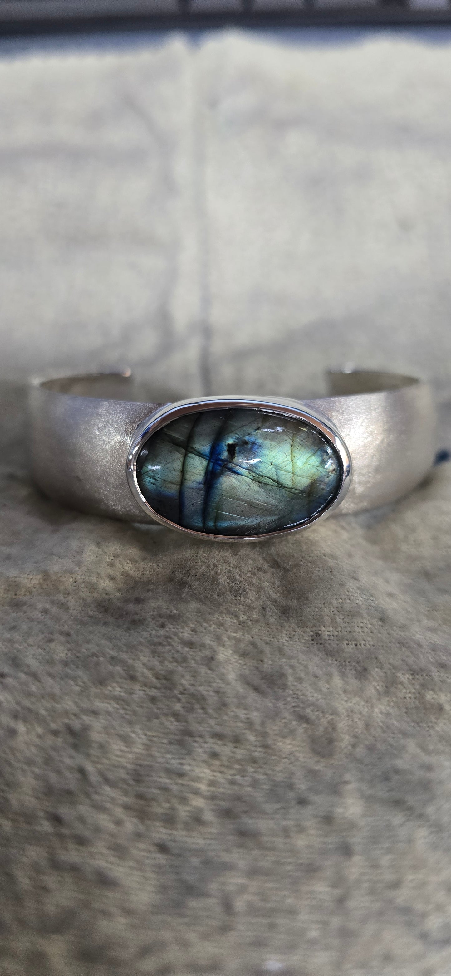 7.5 inch large sterling silver cuff bracelet  with oval labradorite cabachon.