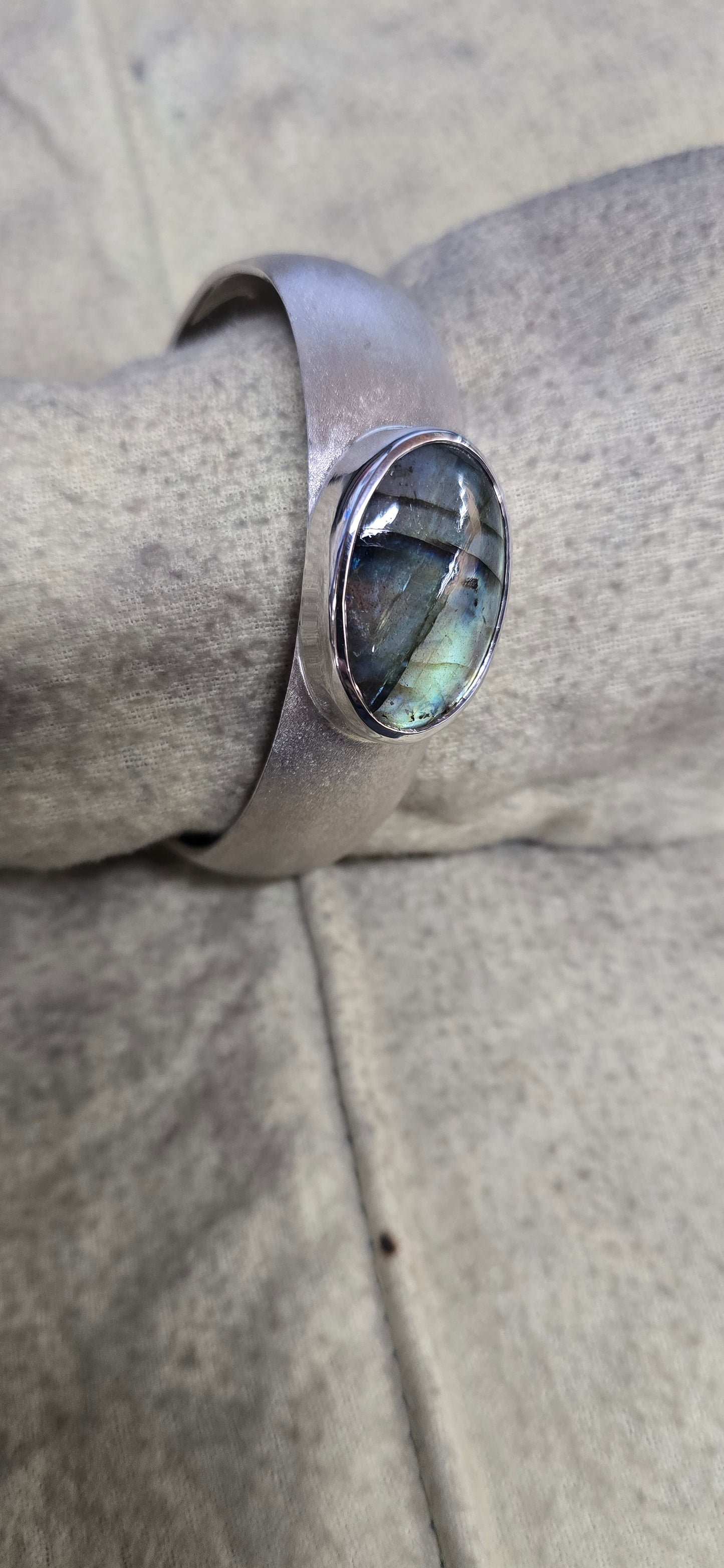 7.5 inch large sterling silver cuff bracelet  with oval labradorite cabachon.