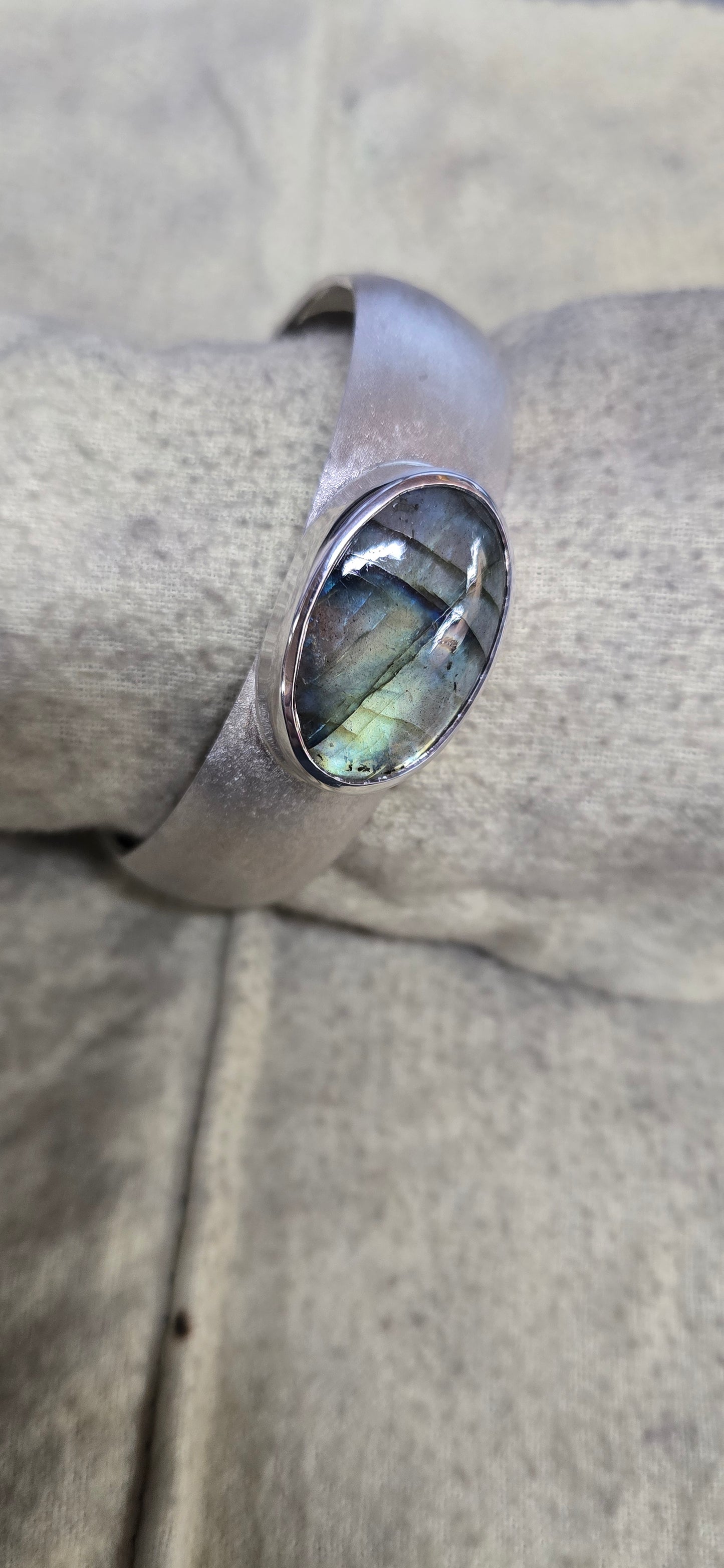 7.5 inch large sterling silver cuff bracelet  with oval labradorite cabachon.