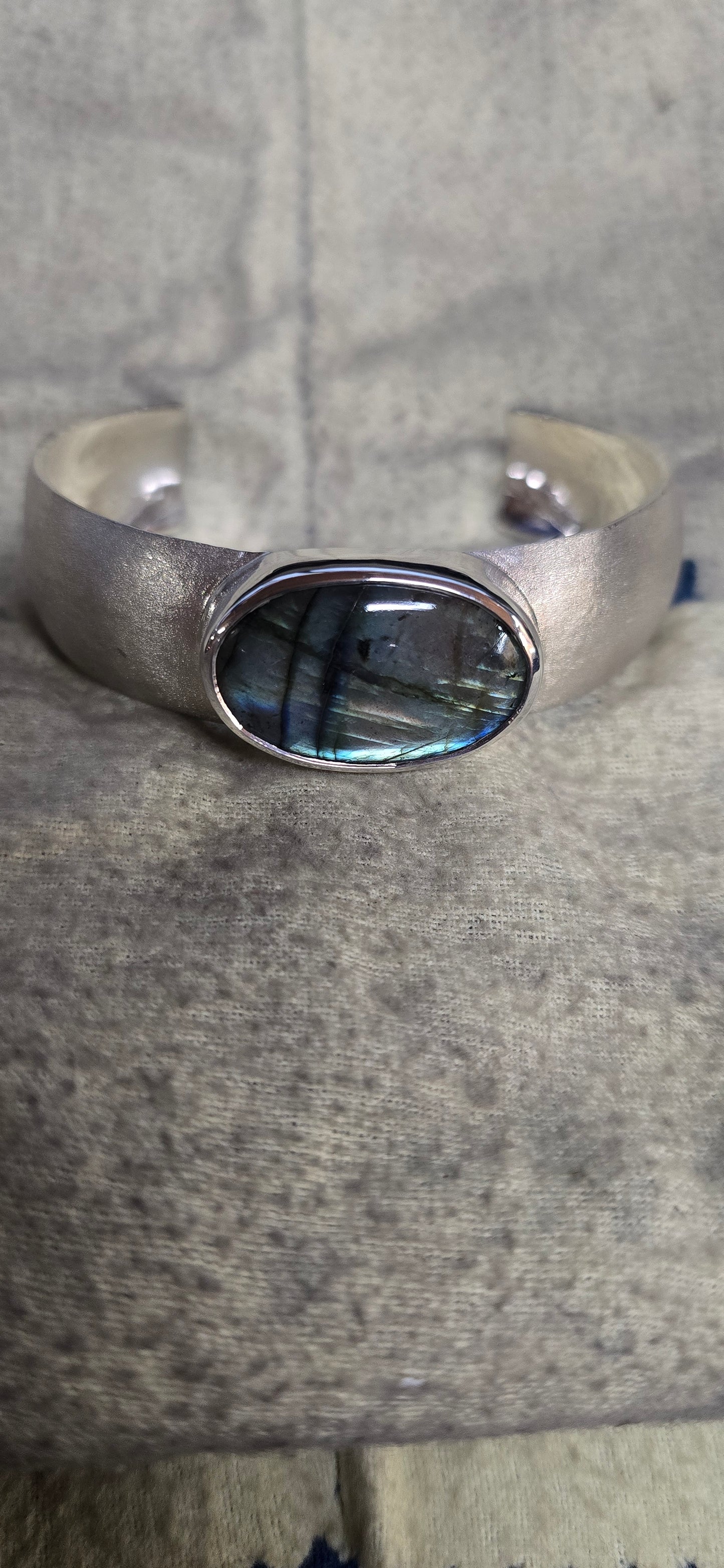 7.5 inch large sterling silver cuff bracelet  with oval labradorite cabachon.
